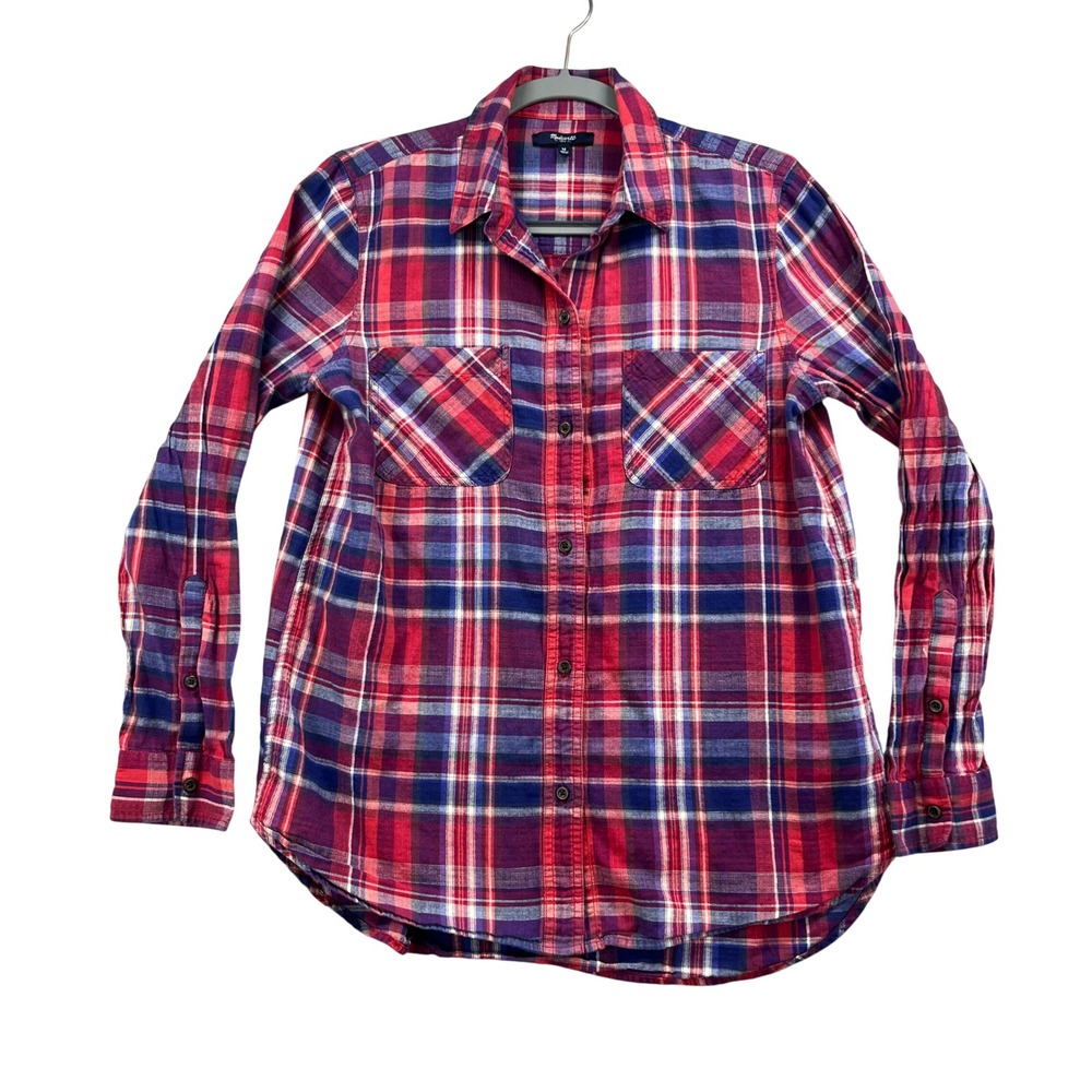 Madewell Flannel Shirt Womens M Red Blue Plaid Cotton Button Up Cabincore Casual
